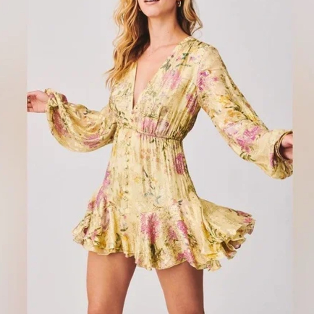 NWT Hemant & Nandita Pria Metallic Floral Yellow Pink Mini Dress size Medium